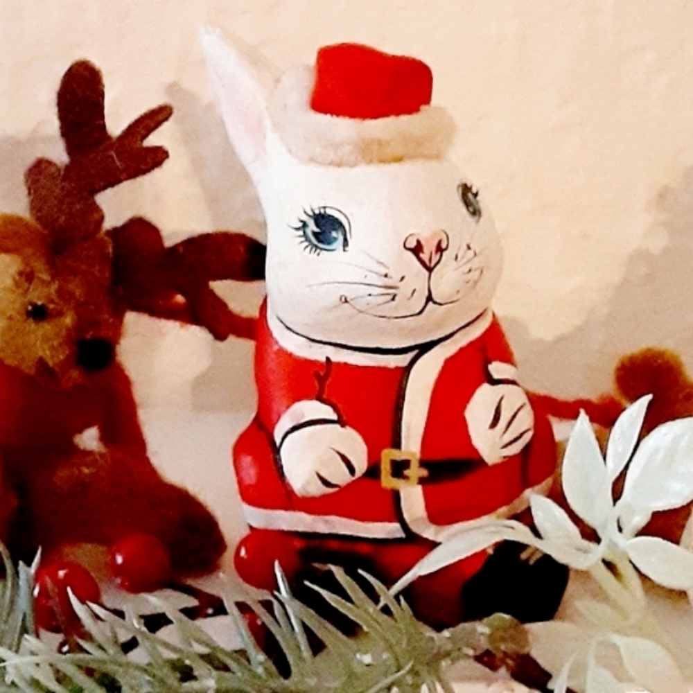 Santa Claus Rabbit Bunny Vintage Christmas Figurine Paper Mache Decor